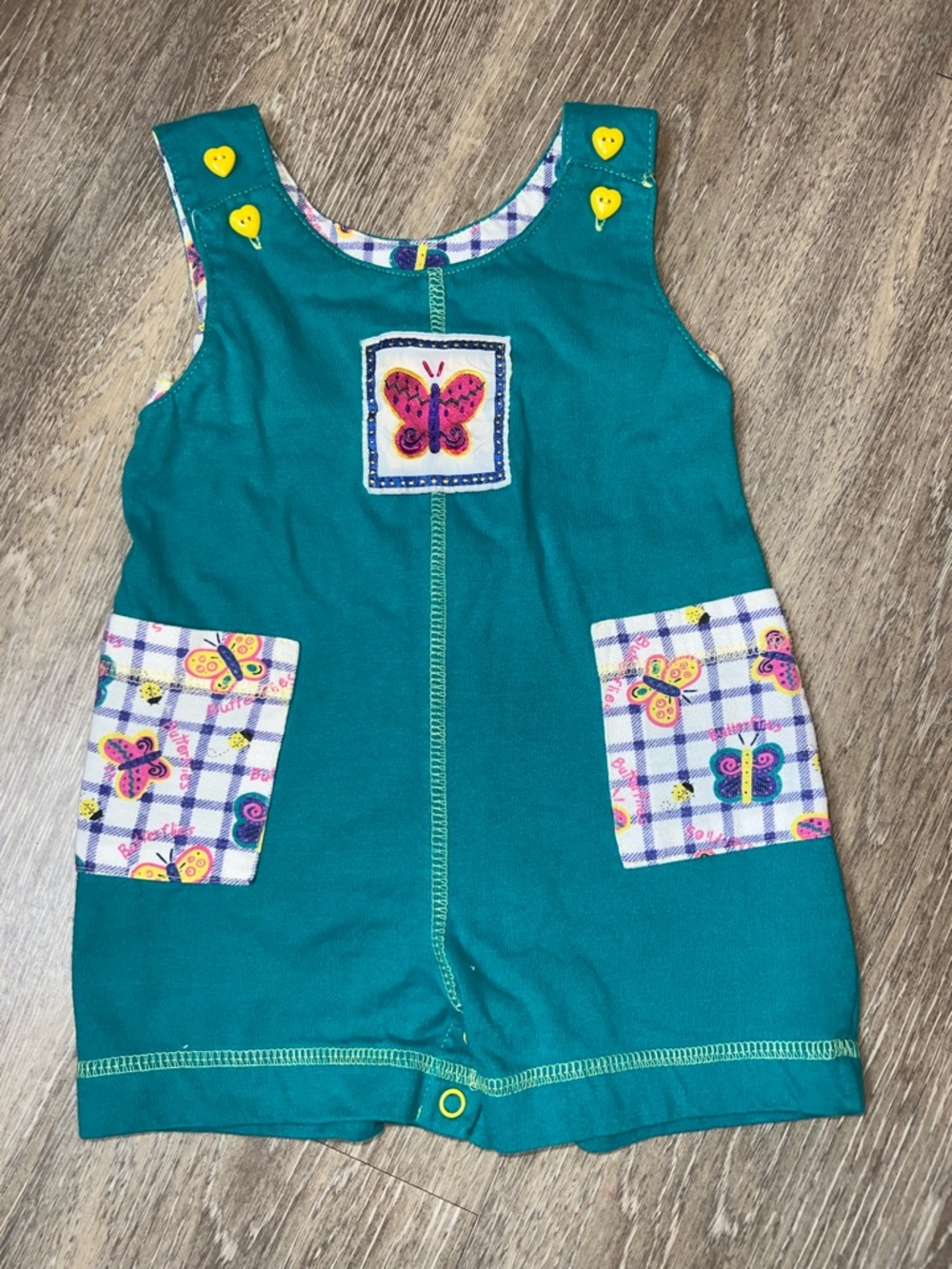 Vintage Circo Rainbow Tag Teal Romper Butterflies Plaid Size 12M Preowned EUC